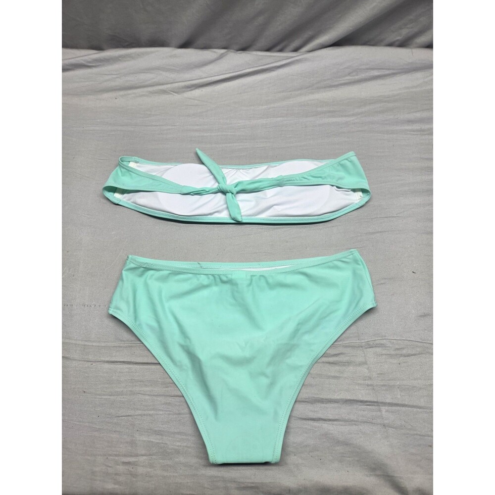 Women’s Solid Green Bandeau Strapless Bikini 2-Piece Tie Lined Stretch M - Picture 2 of 6